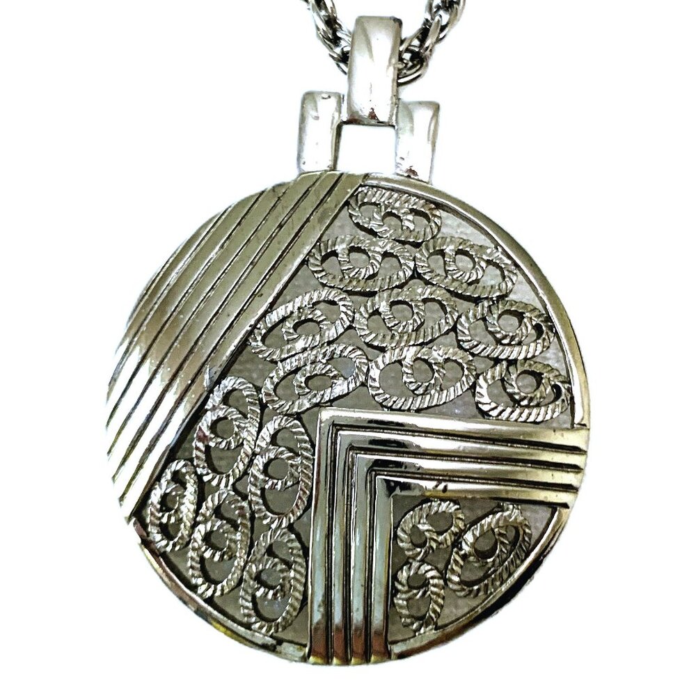 Vintage Necklace Design Filigree Disc Pendant Long Robe Chain Silver Tone Women